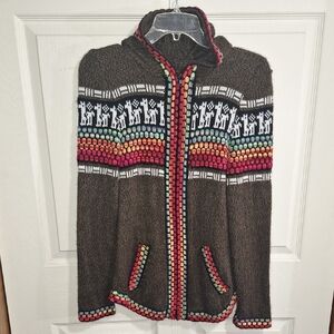 Creative Hands Handmade Zip Up Hooded Cardigan - S - Brown / Multicolor - Llama